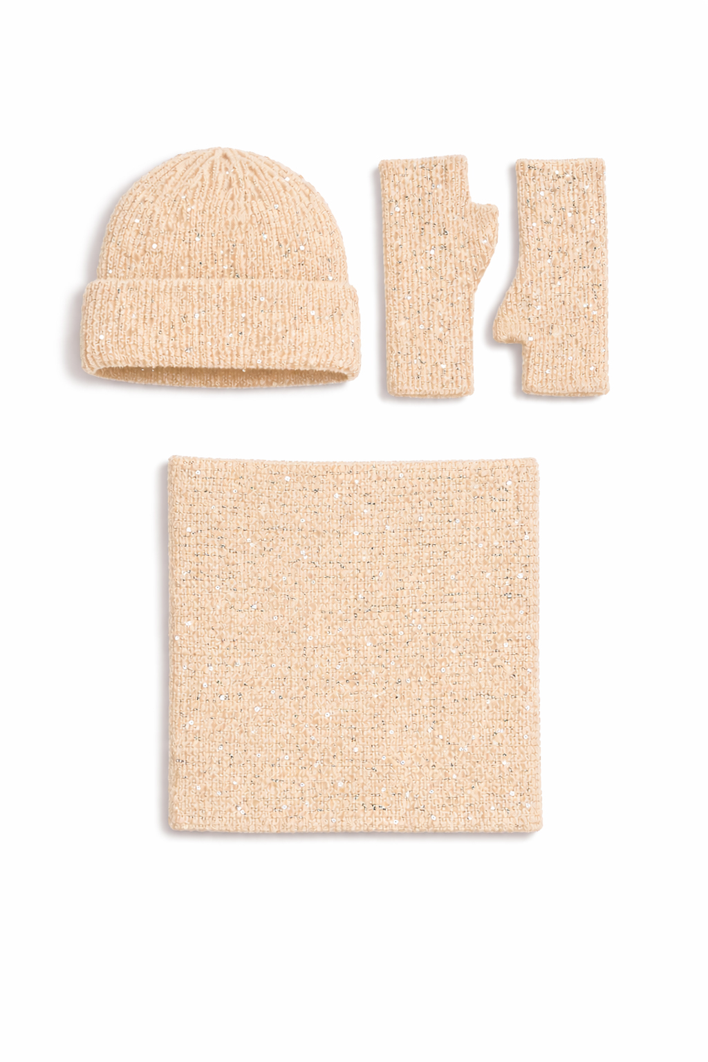 CAPPELLO + GUANTO + COLLO MAGLIA CON PAILLETTES, 35%ANGORA 65 %VI, MADE IN PRC  